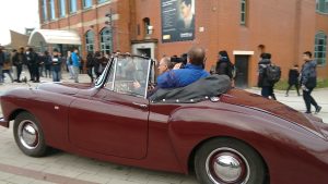 Filming outside the Lanchester Interactive Archive for BBC Midlands Today in a 1953 Lanchester Leda roadster