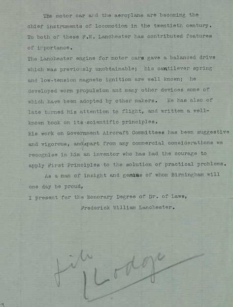 Last page of typed notes for speech in honour of Frederick Lanchester at the degree ceremony at University of Birmingham (September 1919) where he was given an honorary degree, 1919 