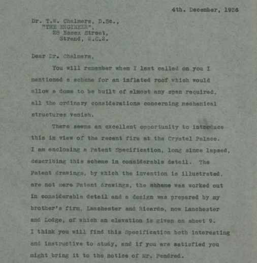 LAN2-8-43 - Letter to the editor of 'The Engineer' regarding Lanchester's inflatable building patent following the Crystal Palace fire in 1936